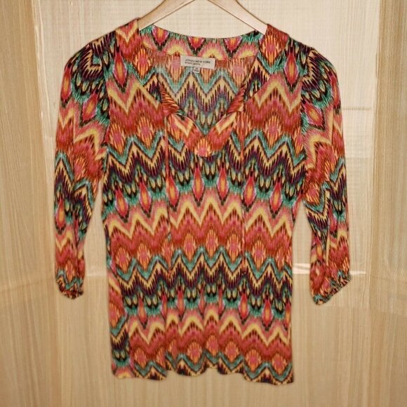Jones New York Petite Womens Colorful Southwestern 3/4 Sleeve Top Small - Picture 1 of 7